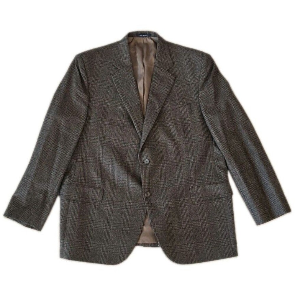 Cremieux Loro Piana Wool Blazer Jacket Mens 48R Plaid Brown Made in Canada Tweed